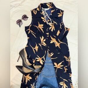 Vintage 80s Navy and Gold Birds of Paradise Shirt Dress